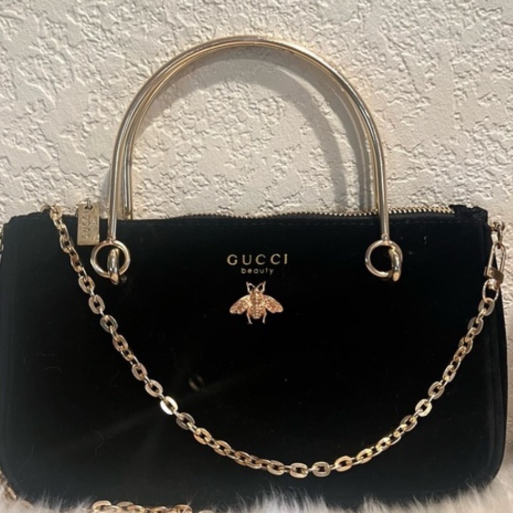 Gucci Red Velvet Clutch with Pearl Chain. GWP